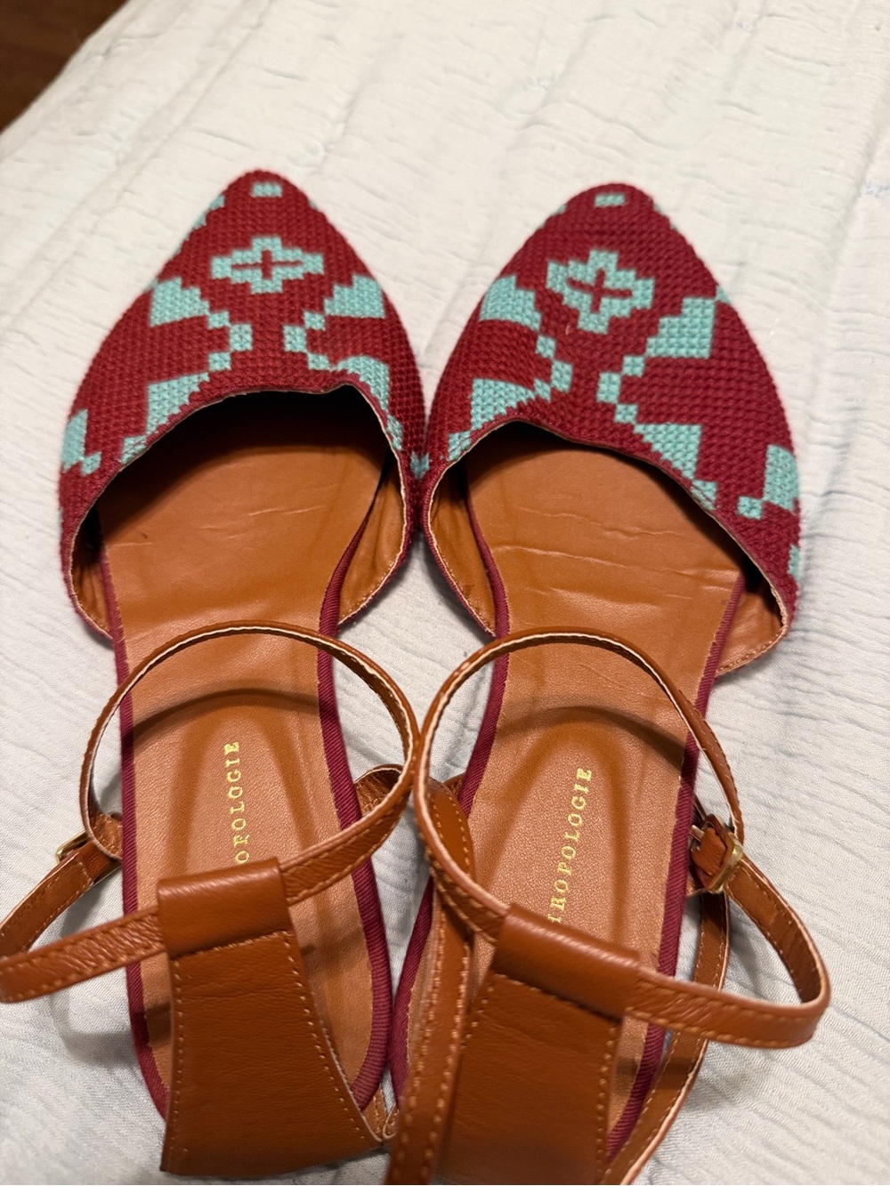 Anthropologie Burgundy & Turquoise Pointed D'Orsay Sandals with Tan Straps